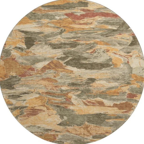 HomeRoots 8' X 8' Stylish Copper Gray & Taupe Abstract Washable Round Rug with UV Protection for Busy Homes 693111