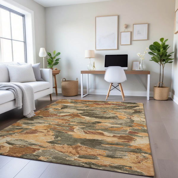 HomeRoots 9' X 12' Stylish Copper Gray & Taupe Abstract Washable Area Rug with UV Protection for Homes 693113