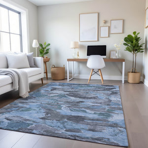 HomeRoots 5' X 8' Washable Denim Blue Gray Silver Abstract Area Rug - Durable, Stylish, UV Protected Design 693116