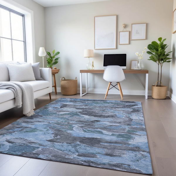 HomeRoots 5' X 8' Washable Denim Blue Gray Silver Abstract Area Rug - Durable, Stylish, UV Protected Design 693116