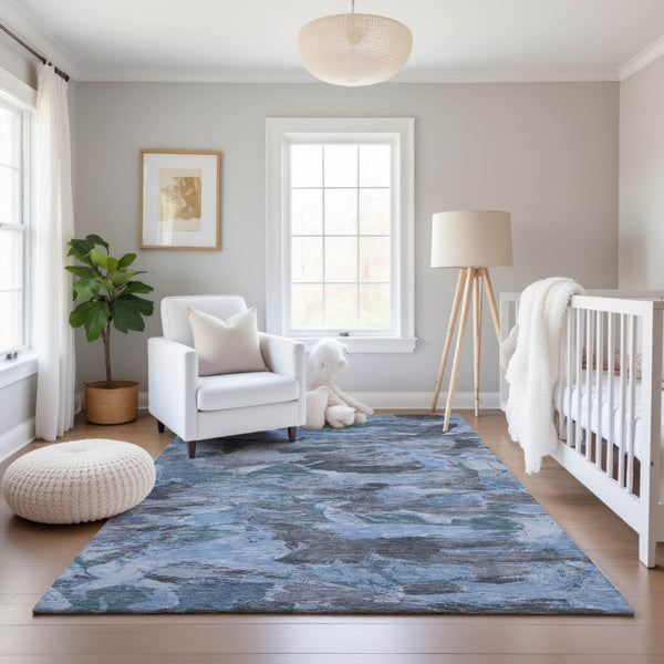 HomeRoots 5' X 8' Washable Denim Blue Gray Silver Abstract Area Rug - Durable, Stylish, UV Protected Design 693116