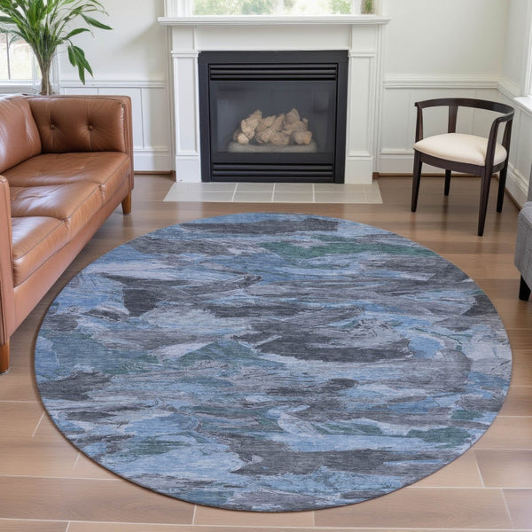 HomeRoots 8' X 8' Modern Denim Blue, Gray & Silver Abstract Washable Round Rug with UV Protection & Non-Slip Backing 693117