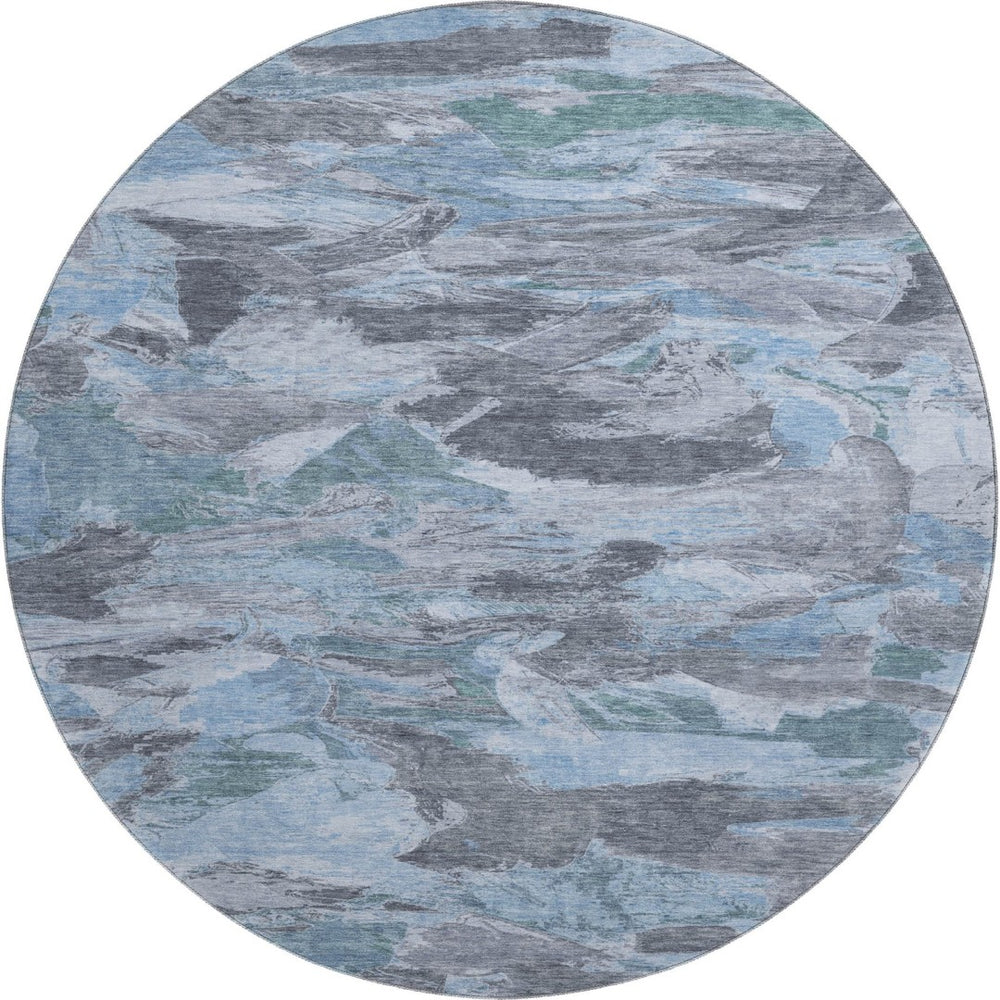 HomeRoots 8' X 8' Modern Denim Blue, Gray & Silver Abstract Washable Round Rug with UV Protection & Non-Slip Backing 693117