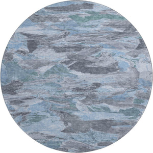 HomeRoots 8' X 8' Modern Denim Blue, Gray & Silver Abstract Washable Round Rug with UV Protection & Non-Slip Backing 693117