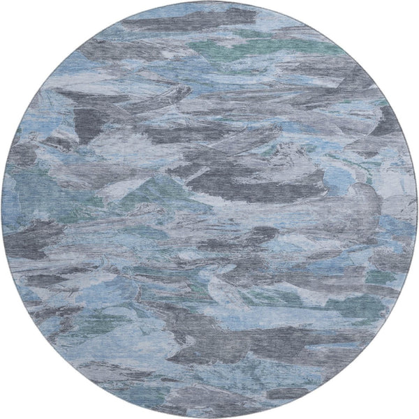 HomeRoots 8' X 8' Modern Denim Blue, Gray & Silver Abstract Washable Round Rug with UV Protection & Non-Slip Backing 693117