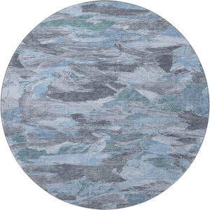 HomeRoots 8' X 8' Modern Denim Blue, Gray & Silver Abstract Washable Round Rug with UV Protection & Non-Slip Backing 693117