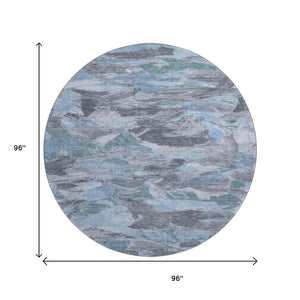 HomeRoots 8' X 8' Modern Denim Blue, Gray & Silver Abstract Washable Round Rug with UV Protection & Non-Slip Backing 693117