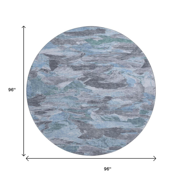 HomeRoots 8' X 8' Modern Denim Blue, Gray & Silver Abstract Washable Round Rug with UV Protection & Non-Slip Backing 693117