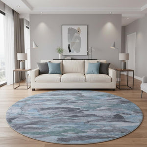 HomeRoots 8' X 8' Modern Denim Blue, Gray & Silver Abstract Washable Round Rug with UV Protection & Non-Slip Backing 693117