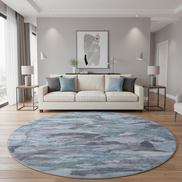 HomeRoots 8' X 8' Modern Denim Blue, Gray & Silver Abstract Washable Round Rug with UV Protection & Non-Slip Backing 693117