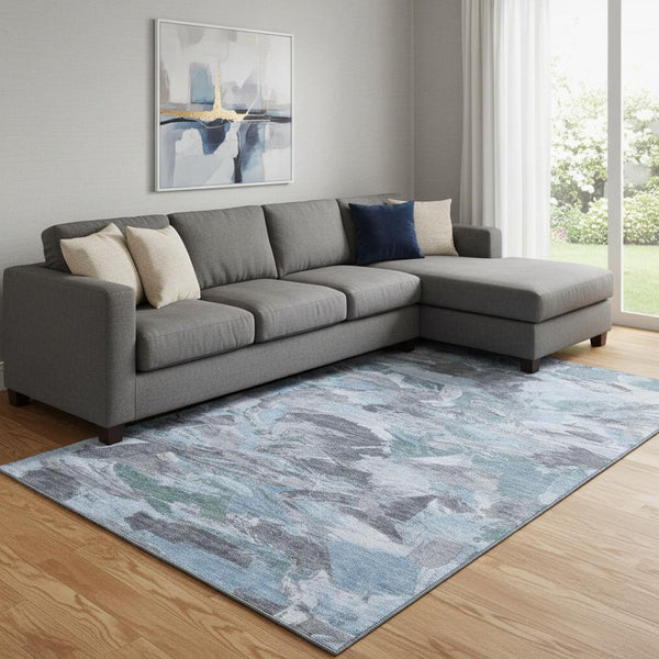 HomeRoots 8' Denim Blue Gray and Silver Abstract Area Rug - Washable, Stain-Resistant, UV Protected for Homes 693118