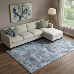 HomeRoots 9' X 12' Abstract Denim Blue Gray Washable Area Rug with UV Protection for Modern Homes & Families 693119