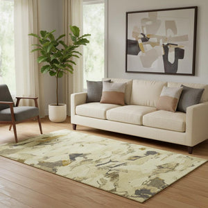 HomeRoots 5' x 8' Washable Gold Beige & Wheat Abstract Area Rug with UV Protection for Modern Living Spaces 693122