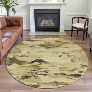 HomeRoots 8' X 8' Washable Round Rug with UV Protection - Modern Gold Beige Abstract Design for Any Space 693123