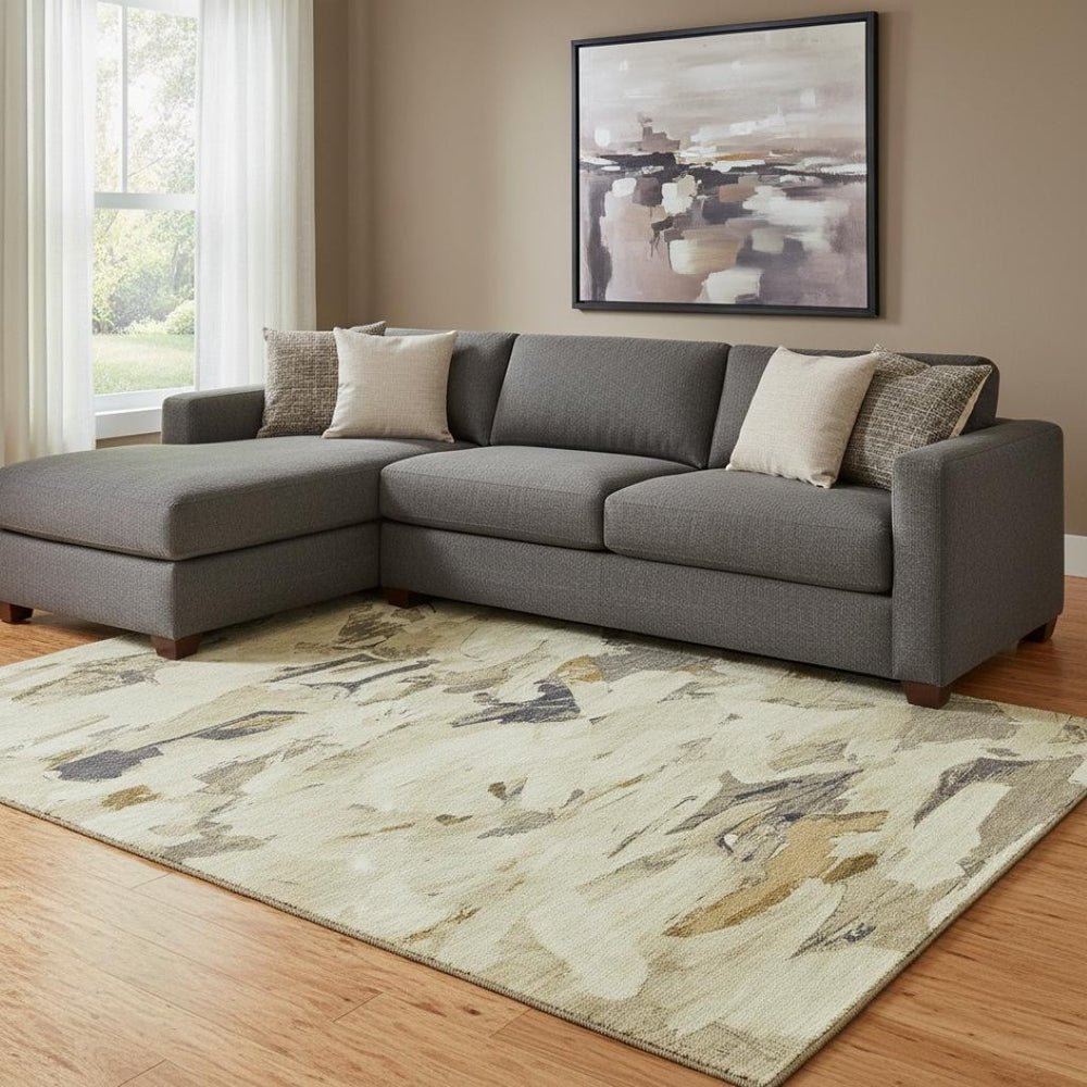 HomeRoots 8' Gold Beige and Wheat Abstract Area Rug - Durable, Washable, Stain-Resistant for High-Traffic Homes 693124
