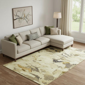 HomeRoots 10' X 14' Washable Gold Beige Abstract Area Rug - Durable, UV Protected, Perfect for High-Traffic Spaces! 693126