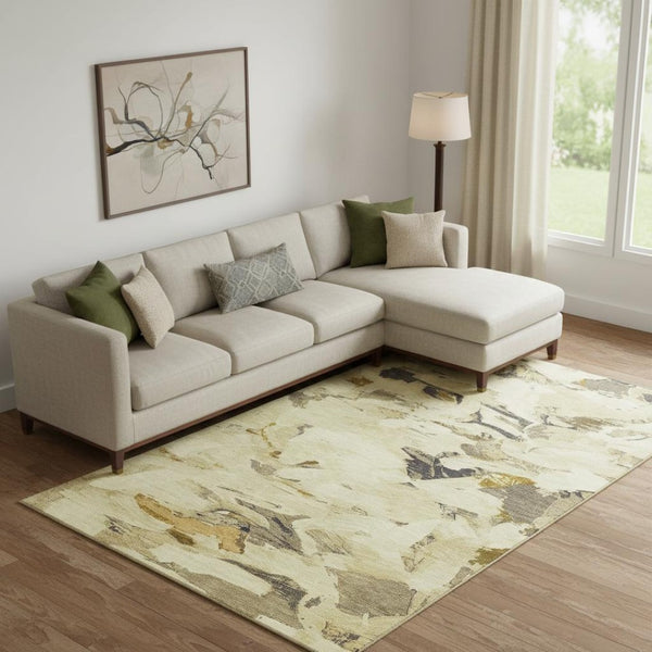 HomeRoots 10' X 14' Washable Gold Beige Abstract Area Rug - Durable, UV Protected, Perfect for High-Traffic Spaces! 693126