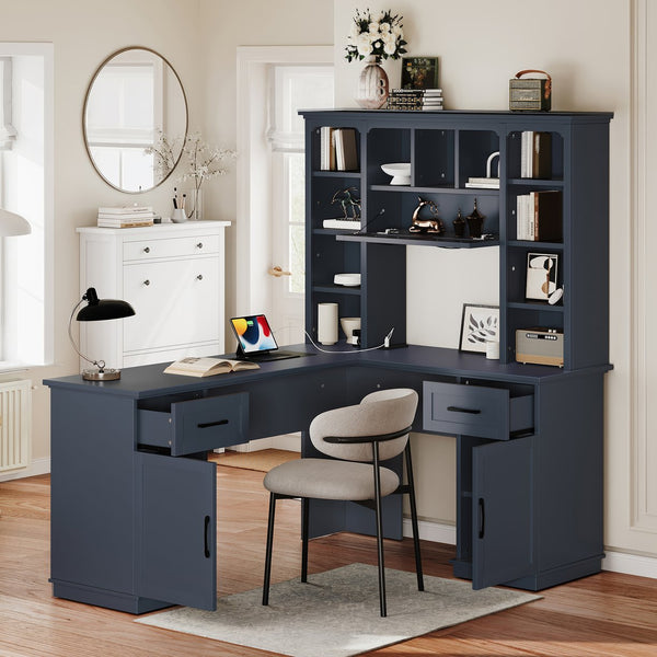 English Elm L-Shaped Corner Desk with 3 Cabinets, 2 Drawers & 11 Shelves, Built-In Power Outlet for Home Office Antique Blue W1580S00190