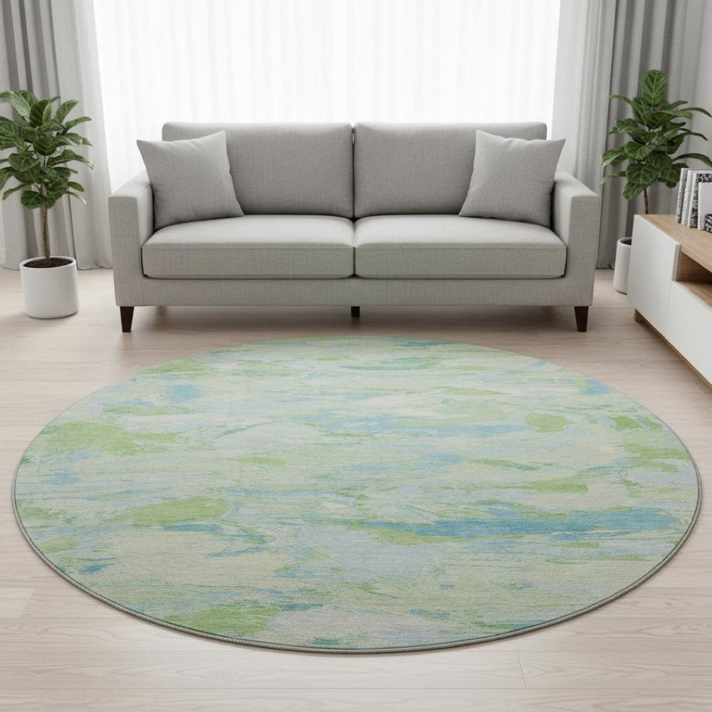 HomeRoots 8' X 8' Washable Round Rug in Mint Green, Sky Blue & Ivory - Durable, UV-Protected, Stylish Design 693129