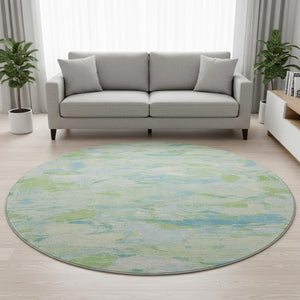 HomeRoots 8' X 8' Washable Round Rug in Mint Green, Sky Blue & Ivory - Durable, UV-Protected, Stylish Design 693129