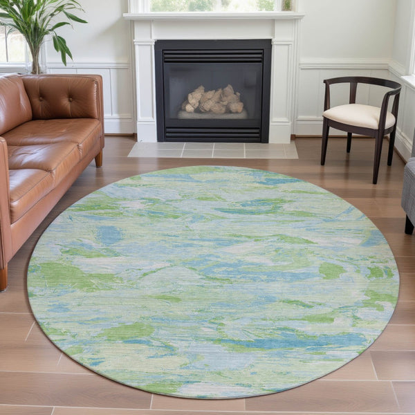 HomeRoots 8' X 8' Washable Round Rug in Mint Green, Sky Blue & Ivory - Durable, UV-Protected, Stylish Design 693129
