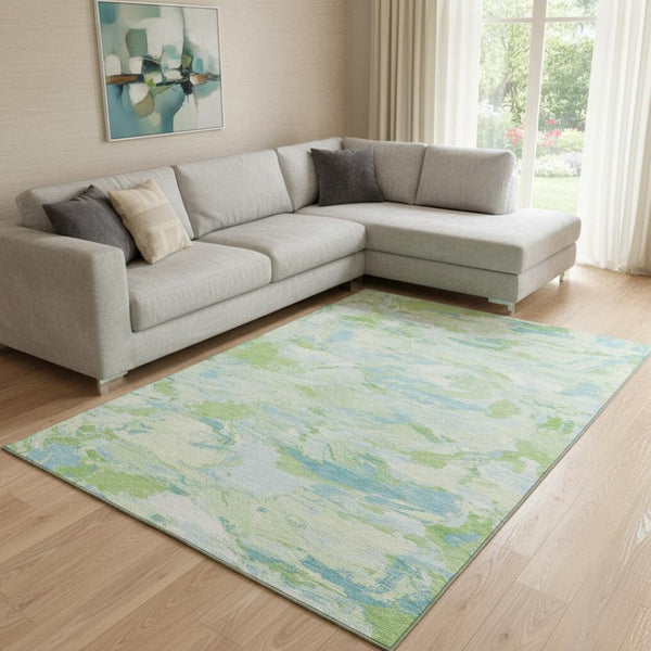 HomeRoots 8' Contemporary Mint Green, Sky Blue & Ivory Abstract Area Rug - Washable & UV Resistant for Durability 693130