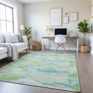 HomeRoots 9' X 12' Abstract Washable Area Rug in Mint Green & Sky Blue - Durable, UV-Protected & Stylish! 693131
