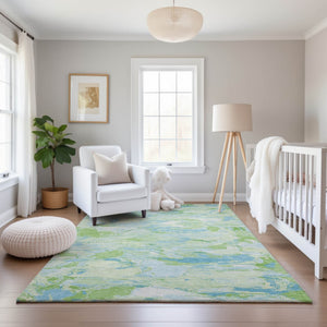 HomeRoots 9' X 12' Abstract Washable Area Rug in Mint Green & Sky Blue - Durable, UV-Protected & Stylish! 693131