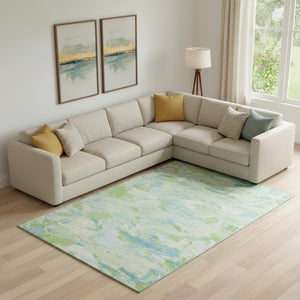 HomeRoots 10' X 14' Stylish Mint Green, Sky Blue & Ivory Abstract Washable Area Rug with UV Protection & Durability 693132