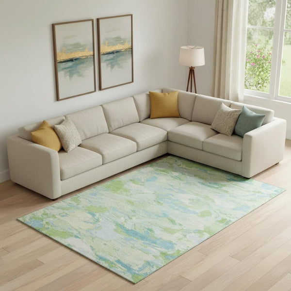 HomeRoots 10' X 14' Stylish Mint Green, Sky Blue & Ivory Abstract Washable Area Rug with UV Protection & Durability 693132