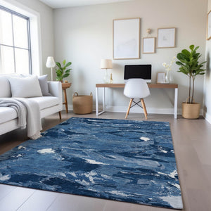 HomeRoots 5' X 8' Navy Blue & Ivory Abstract Area Rug - Modern, Washable, UV Protected, Non-Slip Design 693134