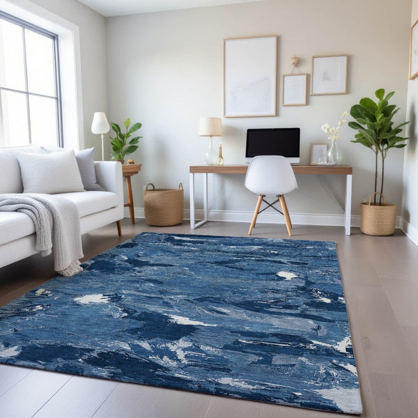 HomeRoots 5' X 8' Navy Blue & Ivory Abstract Area Rug - Modern, Washable, UV Protected, Non-Slip Design 693134