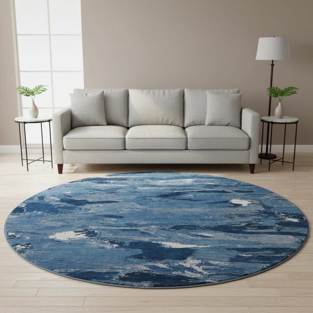 HomeRoots 8' X 8' Navy Blue & Ivory Abstract Washable Round Rug - Durable, Stylish, UV Protected & Easy Care 693135