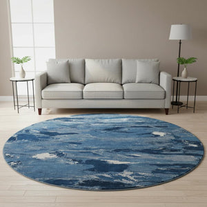 HomeRoots 8' X 8' Navy Blue & Ivory Abstract Washable Round Rug - Durable, Stylish, UV Protected & Easy Care 693135