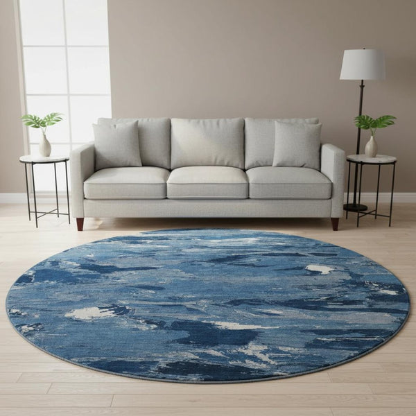HomeRoots 8' X 8' Navy Blue & Ivory Abstract Washable Round Rug - Durable, Stylish, UV Protected & Easy Care 693135