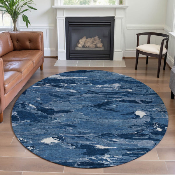 HomeRoots 8' X 8' Navy Blue & Ivory Abstract Washable Round Rug - Durable, Stylish, UV Protected & Easy Care 693135