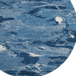 HomeRoots 8' X 8' Navy Blue & Ivory Abstract Washable Round Rug - Durable, Stylish, UV Protected & Easy Care 693135
