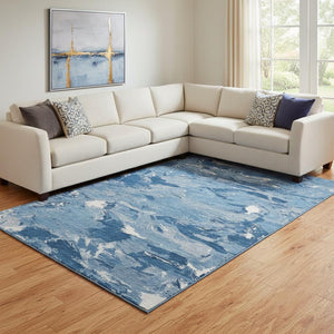 HomeRoots 8' Navy Blue & Ivory Abstract Area Rug - Stain-Resistant, UV Protected, Durable for High-Traffic Spaces 693136