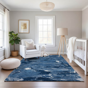 HomeRoots 8' Navy Blue & Ivory Abstract Area Rug - Stain-Resistant, UV Protected, Durable for High-Traffic Spaces 693136