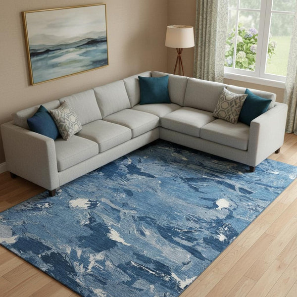 HomeRoots 9' X 12' Navy Blue & Ivory Abstract Area Rug - Washable, UV-Protected, Durable & Stylish Design 693137