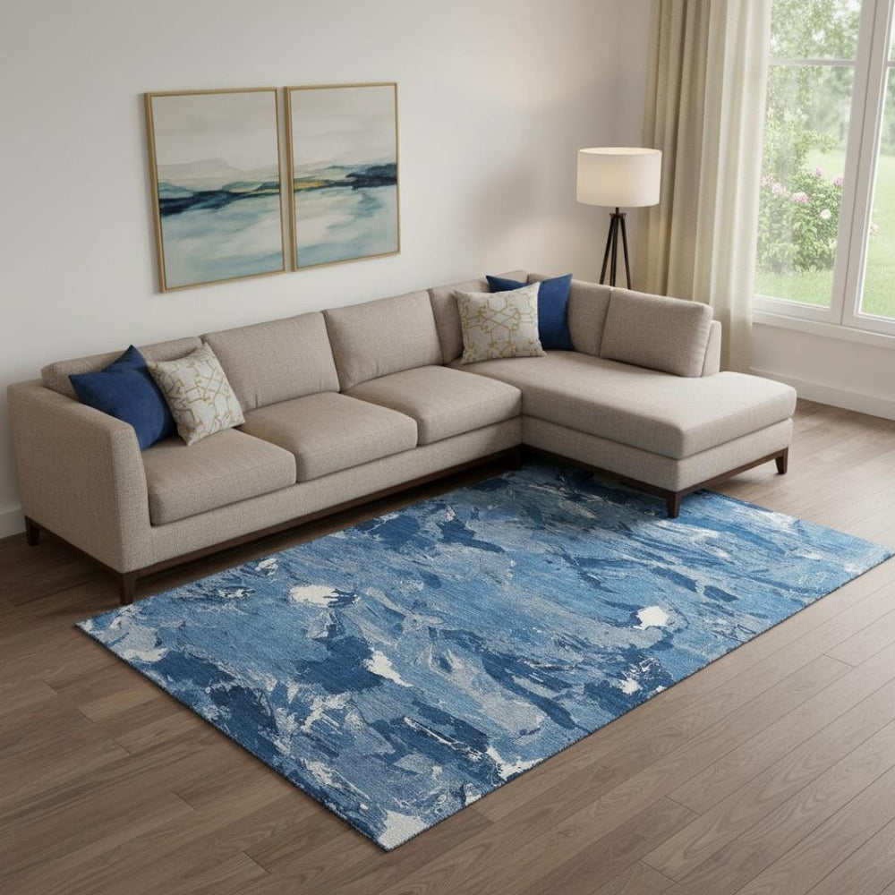 HomeRoots 10' X 14' Navy Blue Ivory Abstract Washable Area Rug – Stain-Resistant, UV-Protected, Non-Slip Design 693138
