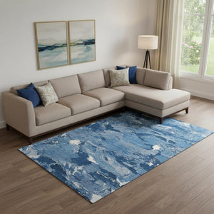 HomeRoots 10' X 14' Navy Blue Ivory Abstract Washable Area Rug – Stain-Resistant, UV-Protected, Non-Slip Design 693138