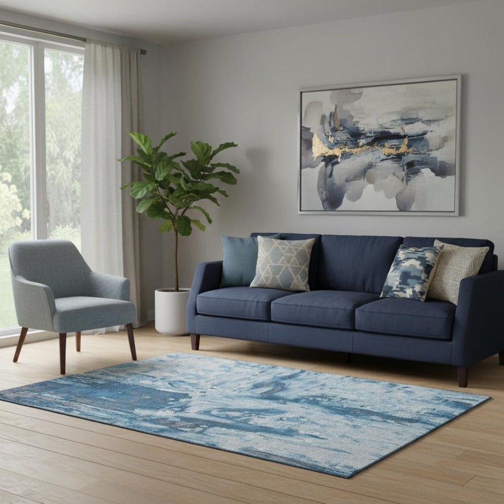 HomeRoots 5' X 8' Abstract Denim Blue, Silver & Gray Area Rug – Washable, UV-Protected, Stain-Resistant Design 693140