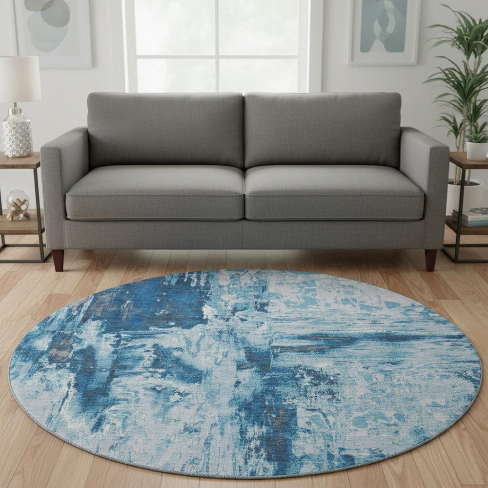 HomeRoots 8' X 8' Modern Denim Blue, Silver & Gray Abstract Washable Round Rug with UV Protection & Durability 693141