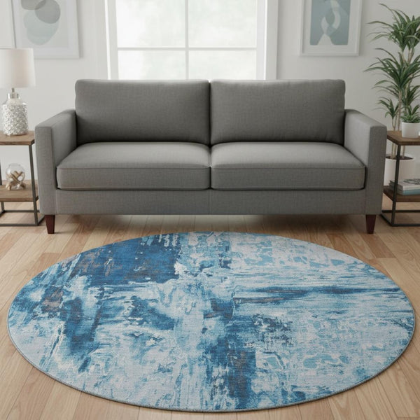 HomeRoots 8' X 8' Modern Denim Blue, Silver & Gray Abstract Washable Round Rug with UV Protection & Durability 693141