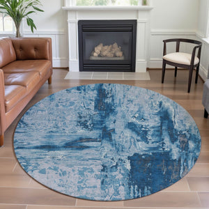 HomeRoots 8' X 8' Modern Denim Blue, Silver & Gray Abstract Washable Round Rug with UV Protection & Durability 693141