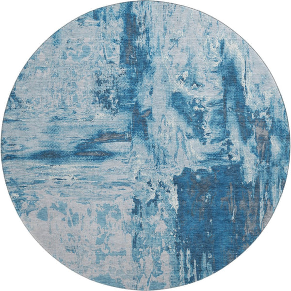 HomeRoots 8' X 8' Modern Denim Blue, Silver & Gray Abstract Washable Round Rug with UV Protection & Durability 693141