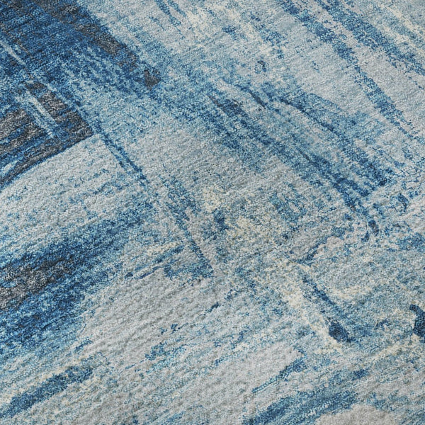 HomeRoots 8' X 8' Modern Denim Blue, Silver & Gray Abstract Washable Round Rug with UV Protection & Durability 693141