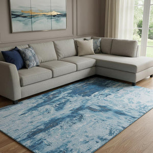 HomeRoots 8' Denim Blue Silver & Gray Abstract Area Rug – Washable, UV Protected, Stain-Resistant Design! 693142