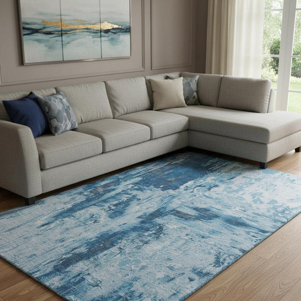 HomeRoots 8' Denim Blue Silver & Gray Abstract Area Rug – Washable, UV Protected, Stain-Resistant Design! 693142